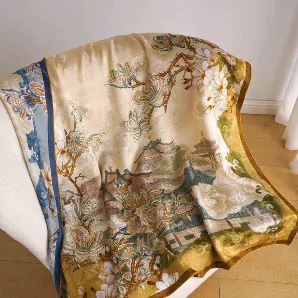 Beautiful double sided jacquard LARGE 100% silk scarf with Chinese painting